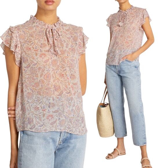 MISA Basia Top Floral Print Tassel Ties V Neck Semi Sheer Chiffon Light Pink XS - Picture 1 of 11